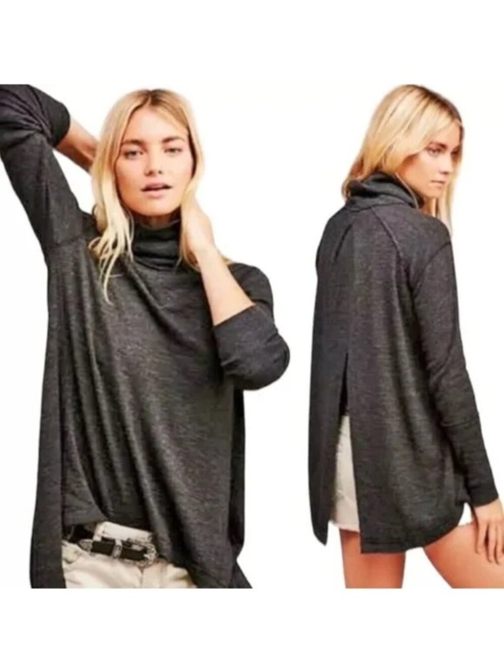 We The Free Top Medium Long Sleeve Split Back Turtleneck Charcoal Cozy Relaxed